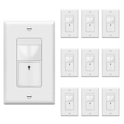 TOPGREENER PIR Motion Sensor Light Switch,No Neutral No Ground Wire,10 Pack | Occupancy&Vacancy Sensor Switch, Operable Without Ground Wire, Single Pole, UL listed, Wall Plate Included, TDOS5-HL-W, White
