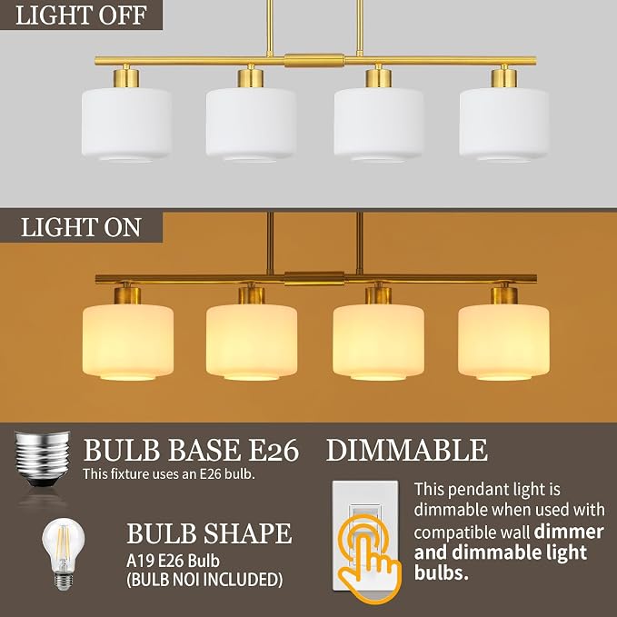 4-Light Brushed Gold Kitchen Island Lighting, Modern Linear Dining Room Chandelier Light Fixtures with Milk Glass and Chain, Mid Century Hanging Lights for Kitchen Island, OS-YQ8153-4ISBGW
