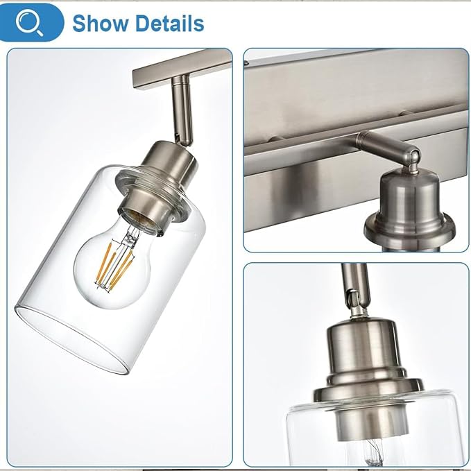 2 Light Track Lighting Fixtures Ceiling, Modern Brushed Nickel | Track Lighting Kit with Clear Glass, Bathroom Wall Scones, Rotatable Spotlight Ceiling Mount for Kitchen Hallway