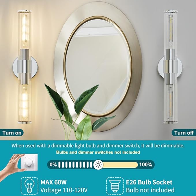 Bathroom Vanity Light Fixtures, Chrome Wall Sconce in Threaded Glass, Modern Wall Light Up and Down Wall Mount Lamp for Bathroom, Living Room, Hallway, Kitchen - Bulb Not Included