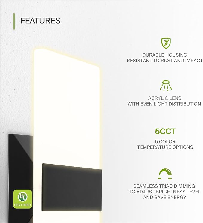ASD 12 Inch Indoor LED Wall Sconce - 12W 2700K-5000K Dimmable Black Wall Sconce Lights for Living Room, Bedroom, Bathroom, Hallway - Modern Wall Sconces Hardwired, UL Interior Light, Set of 2