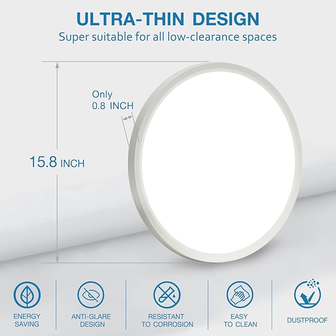 15.8 Inch Dimmable Large LED Flush Mount Ceiling Light 2 Pack, Low Profile Ceiling Light with 3 CCT (3000K/4000K/5000K), 5%-100% Dimming, Ultra-Thin 0.8", 32W 3200LM for Bedroom, Kitchen & Office