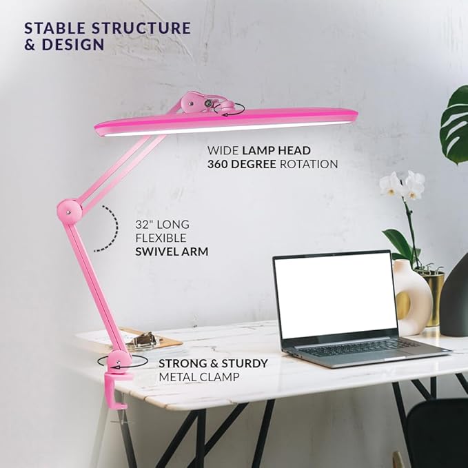 Neatfi XL 2,200 Lumens 24W LED Desk Lamp – 23” Wide Shade | Dimmable Eye-Caring Task Light | Adjustable Arm | Home Office, Study, Crafts & Nail Tech (Non-CCT with Clamp, Pink)