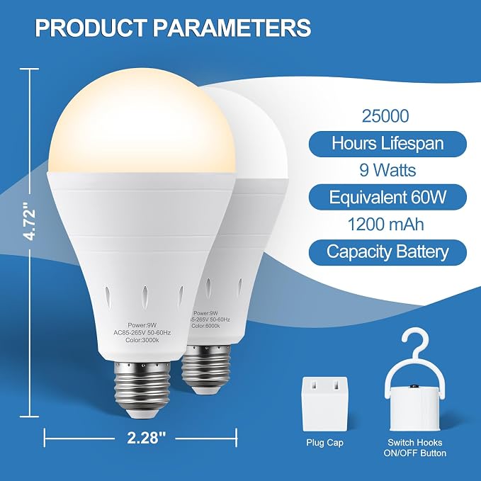 6 Pack Rechargeable Light Bulb,LED Emergency Light Bulb,4Pack WhiteLight Bulbs+2Pack WarmLight Bulbs