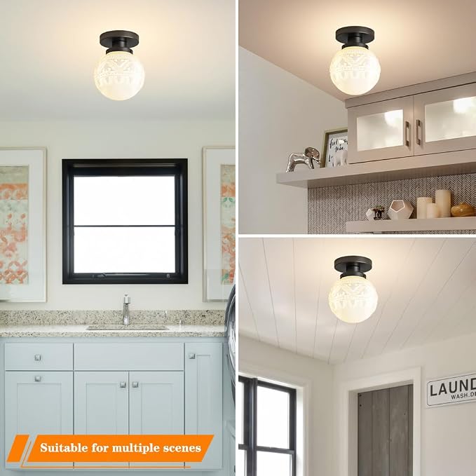 Daunton Semi Flush Mount Ceiling Light, Modern Globe Milk Glass Ceiling Light Fixture, Vintage Small Black Hallway Light Fixtures for Kitchen, Entryway, Bathroom, Closet