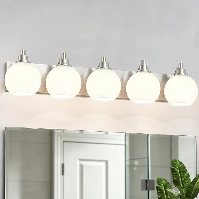 IZORRO Bathroom Light Fixtures, 5-Light Brushed Nickel Vanity Light, Modern Wall Sconces with Globe Milk White Glass Shade, Vanity Lighting Fixtures Over Mirror,E26 Bulb Socket