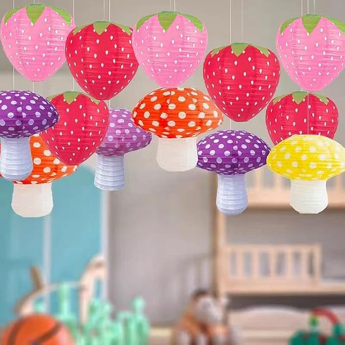 6PCS Strawberry Paper Lanterns, Strawberry Hanging Paper Lantern Decorations Strawberry Decoration Hanging for Room Birthday Party Wedding Garden Decor - 8 Inch, Red&Pink