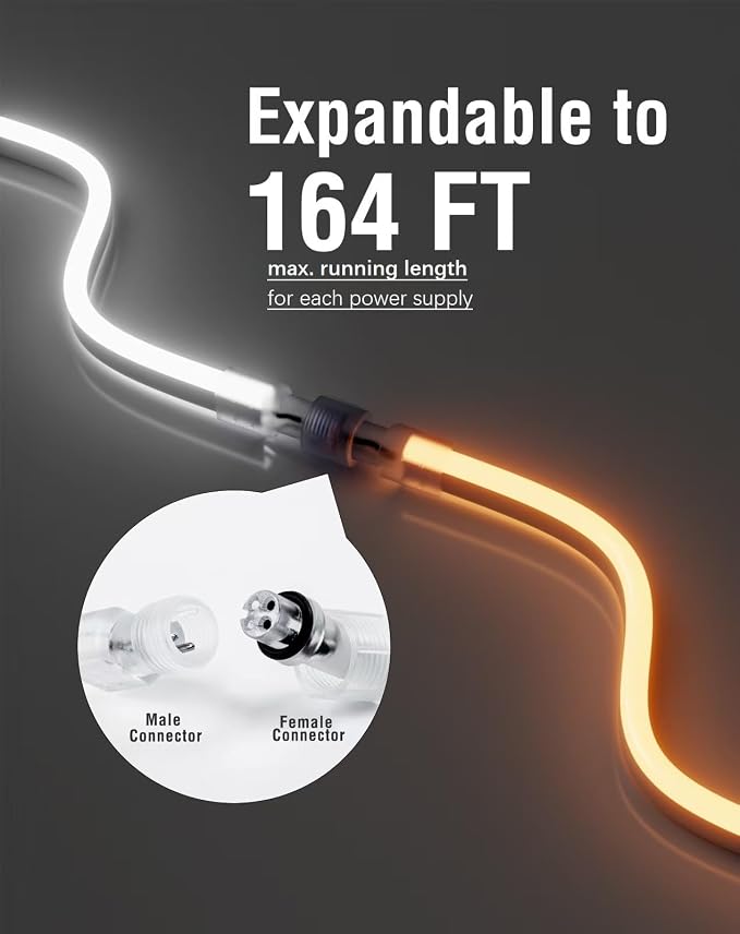 LED Neon Rope Lights 120VAC, 120LEDs/M Lum Strip Lighting End Extendable 2500K Warm White 65ft, Water & Cold Resistant for Outdoor Indoor, 4520LM Bright 8x16mm ETL Listed