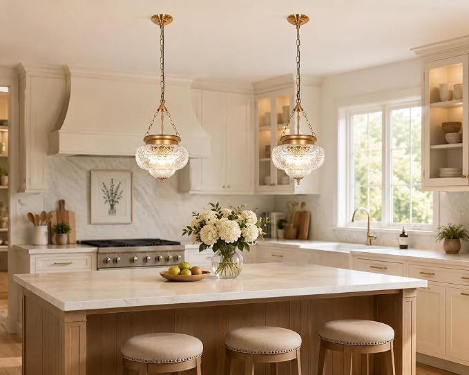 3-Light Brushed Antique Brass Pendant Light Fixtures with 12In Unique Thickened Glass, Vintage Pendant Lights Kitchen Island with Adjustable Chain, Hanging Light Fixtures for Entryway, E26*3