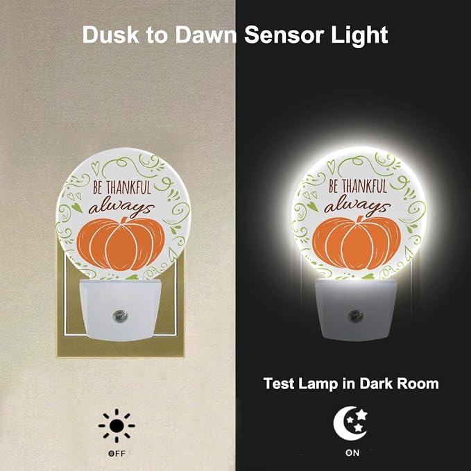 Be Thankful Always Decorative Night Light Plug in Pumpkin Thanksgiving Day Auto LED Lighting Energy Saving Round Lights Gifts for Boys Girls Men Women
