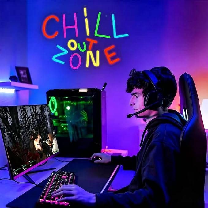 Chill Out Zone Neon Signs for Wall Art Decor, Colorful LED Ligh Sign for Bedroom Dimmable Chill Led Neon Light for Game Room Cafe Bar Kids Room Man Cave Decoration