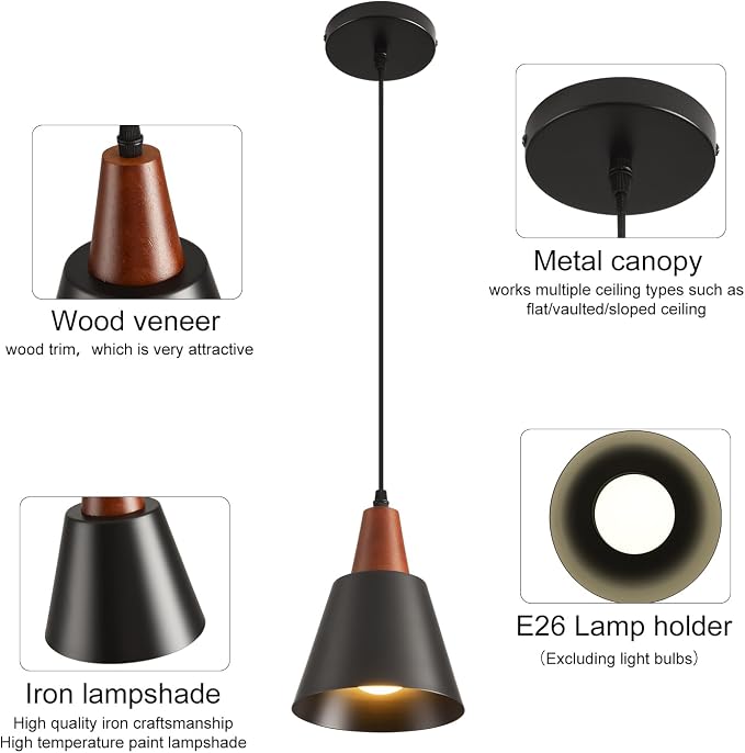 3 Pack Pendant Lights, Black Pendant Lights Kitchen Island,Wood Dome Minimalist Industrial Ceiling Hanging Lights for Kitchen Island, Barn, Dining Room
