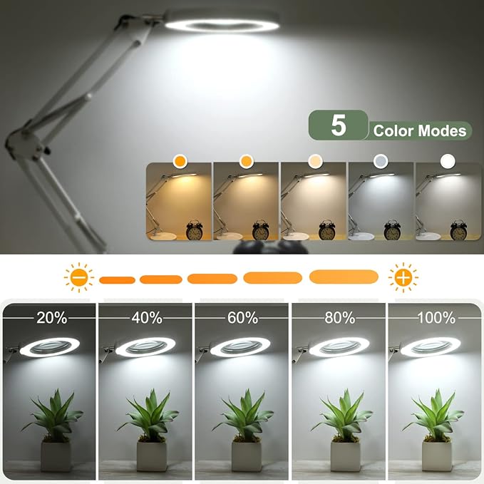 12X Magnifying Glass with Light and Stand, Upgrade Button 5 Color Modes Stepless Dimmable, 2-in-1 LED Lighted Magnifier Light, Hands Free Desk Lamp with Clamp for Craft Hobby Close Work - White