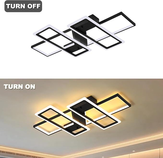 GEADI 35.4" Modern LED Ceiling Light, Dimmable Black Flush Mount Chandelier | 80W 4-Square Geometric Ceiling Lamp with Remote, 3000K-6500K Dimming, Memory, 4800 Lumens, Low Profile for Bedroom, Kitchen