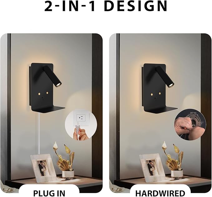 ZEROUNO LED Dimmable Wall Mounted Reading Light, Backlight Night Wall Lamp, Adjustable Headboard Plug in Wall Sconce with USB C+A Ports, LED Reading Light for Bedroom Bedside Lamps