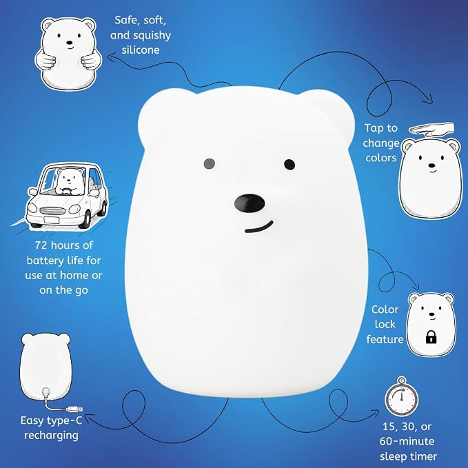 Bear Squishy Night Light for Kids, Silicone Lamp with Remote | Tap Control | Rechargeable 9-Color Changing | Nursery Nightlight for Boys & Girls | Portable Animal Lamp | USB Cord Included