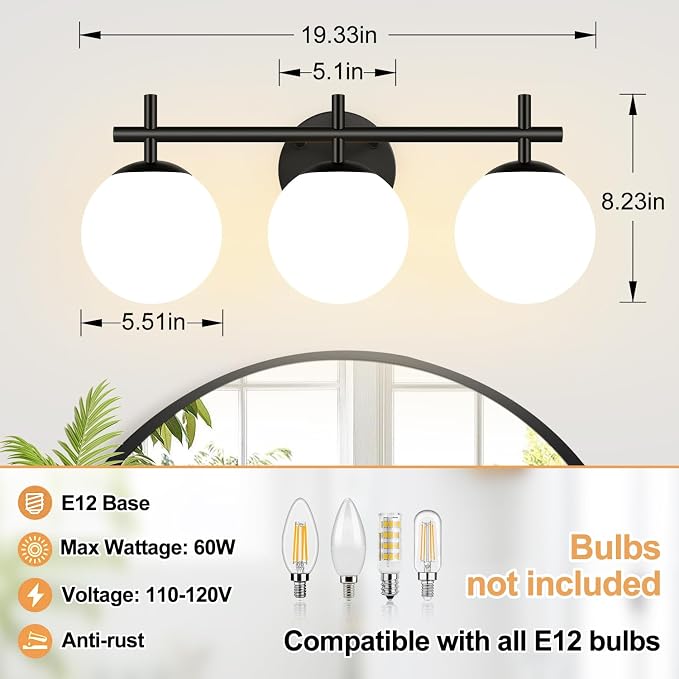MOKATNG 3-Light Bathroom Light Fixtures with Milky White Glass, Matte Black | 19.3 inch Vanity Lights for Bathroom, Bathroom Lighting Over Mirror, Wall Sconce, Fits E12 bulbs(Bulb Not Included)
