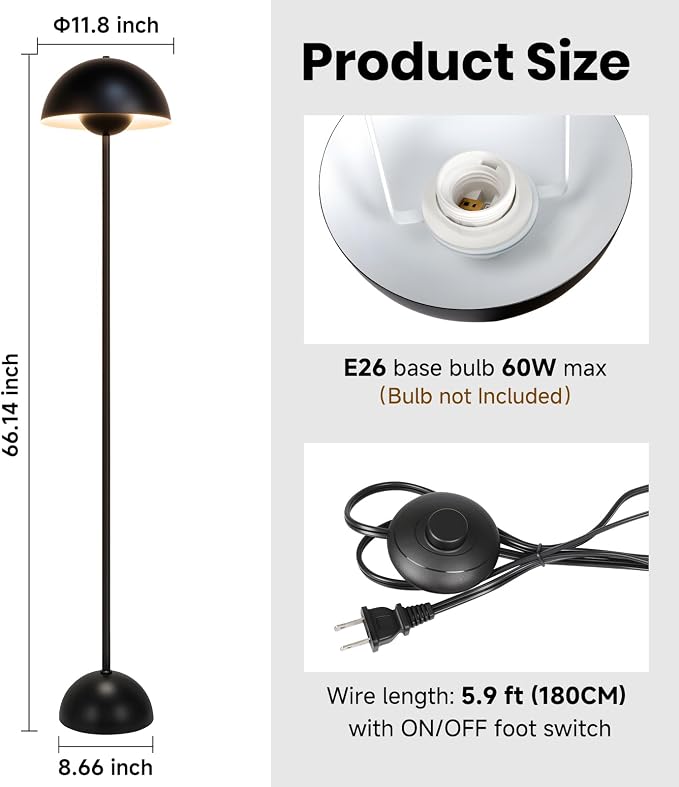 Coucrek Floor Lamp, 66'' Industrial Black Lamp for Living Room | Tall Lamp with Unique Reflecting Shade, Mid Century Modern Ambient Lighting for Bedroom Corner