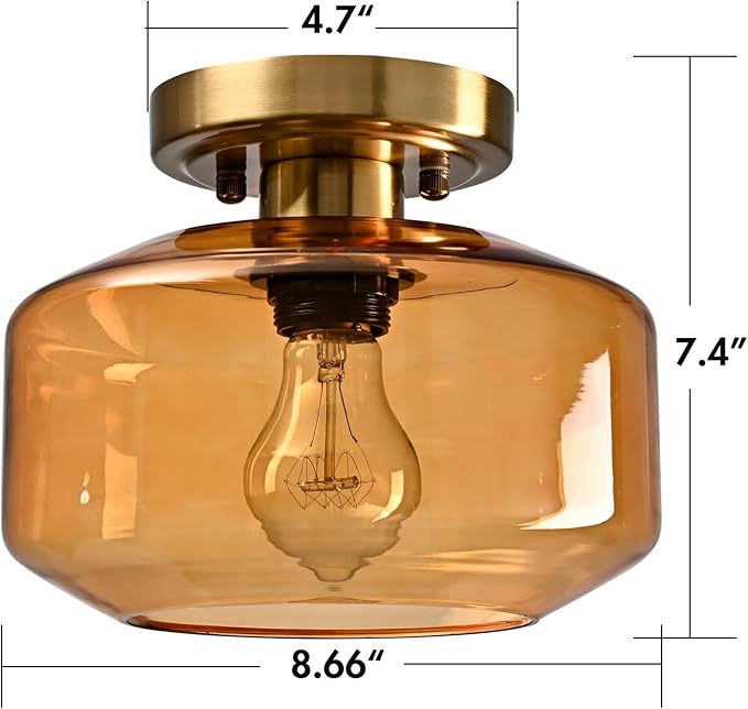 Mid Century Modern Ceiling Light Amber Glass Vintage Mount Light Fixture Small Pumpkin Glass Ceiling Light for Kitchen Dining Laundry Room Foyer Porch