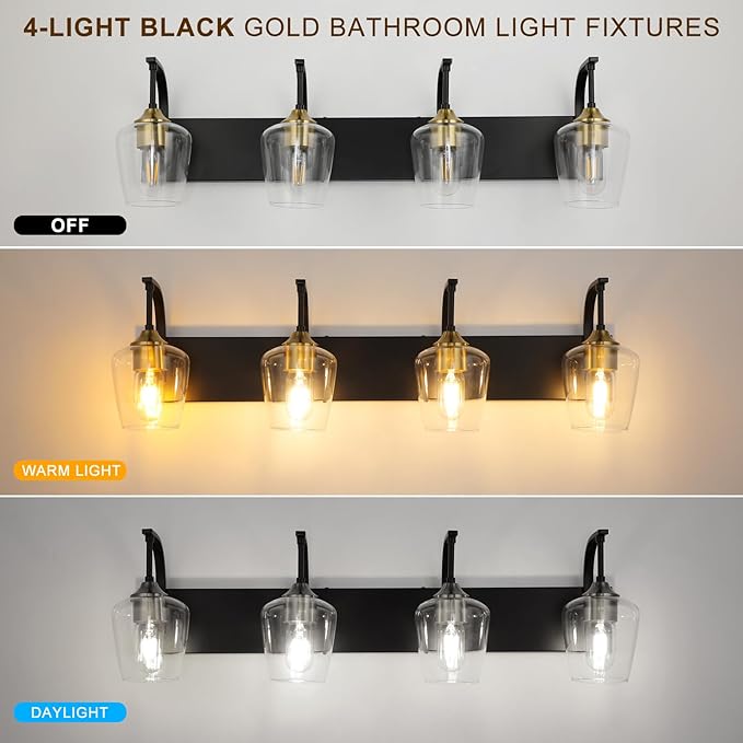 Black Bathroom Light Fixtures - 4-Light Vanity Light with Clear Glass Shades, 33.07'' Industrial Gold Wall Lights for Bedroom Hallway Living Room Kitchen