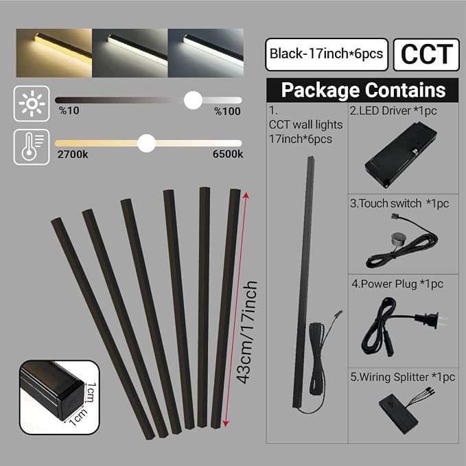 HAMRVL Black CCT LED Recessed Lighting Kit, 6 PCS 17 Inch Tunable 2700k-6500k Wall Panel Lights with Smart Switch, Self-Adhesive, Dimmable, for Wood Slat Wall Panels, Living Room, Bedroom, Media Wall
