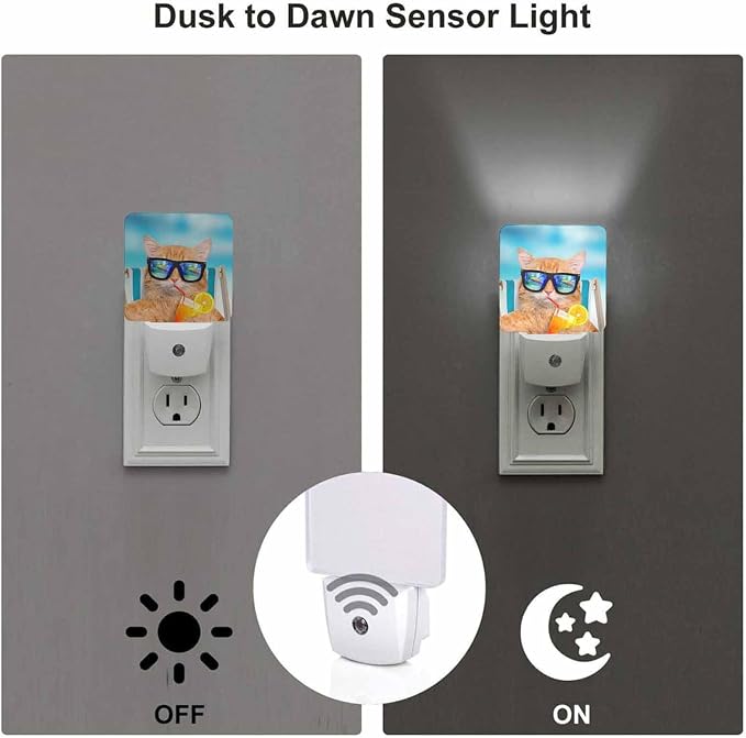 LED Night Light,Funny Cat Sunglasses Relaxing Vacation On Blue Sea LED Night Light Plug into Wall with Dusk to Dawn Light Sensor White Energy Efficient Nightlight for Bedroom Living Room Kitchen