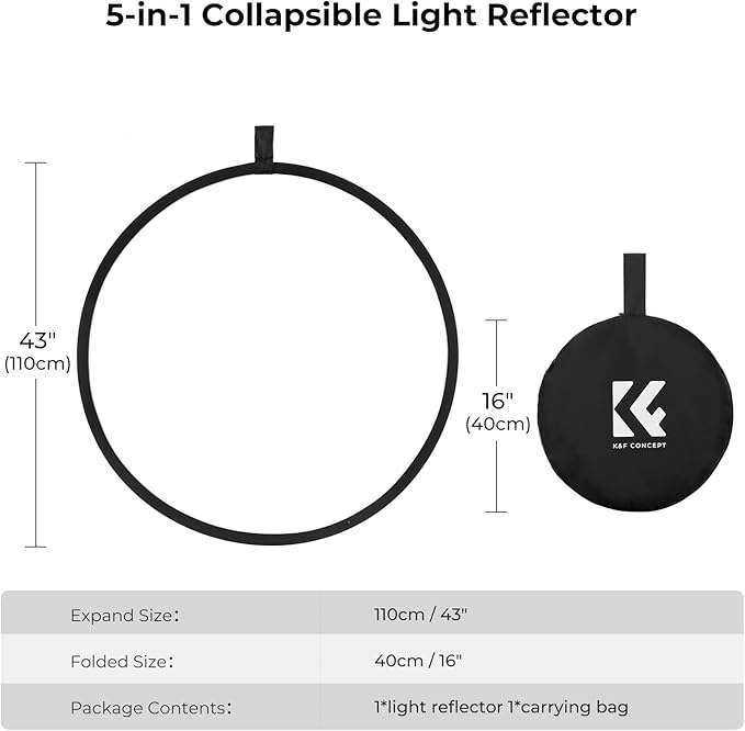 K&F CONCEPT 5-in-1 Light Reflector 43"(110cm) Photography Diffuser Collapsible Portable for Studio and Outdoor Lighting Gold Silver White Black Translucent