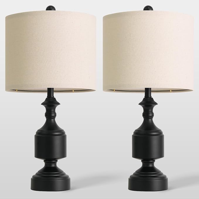 BOBOMOMO Black Lamps Set of 2-20.5" Farmhouse Metal Table Lamps for Living Room, Traditional Bedside Lamps for Nightstand with Linen Shade, Ideal for Small Spaces, Entryway Console Lamps