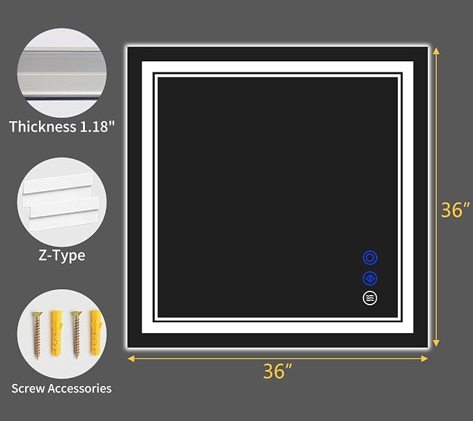 36"x36" LED Bathroom Mirror with Lights,Anti-Fog,3 Color Modes