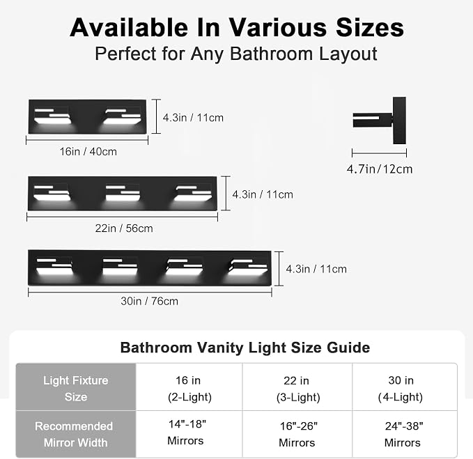 LED Modern Bathroom Vanity Light Fixtures, Dimmable Matte Black Vanity Lights for Bathroom Lighting Fixtures Over Mirror, with 360° Rotatable Acrylic Heads 2-Light 16-inch 5CCT