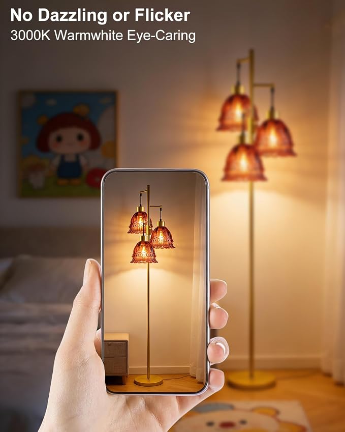 Lightdot 3-Lights Glass Floor Lamp Dimmable Gold Floor Lamp with Deep Red Glass Shade 3000K Bulbs Included Unique Modern Standing Tall Lamp with 5Lbs Heavy Base for Living Room/Bedroom/Sofa Beside