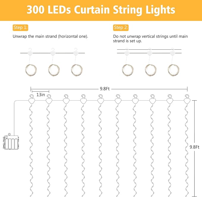 echosari Curtain Lights Battery Operated 9.8 x 9.8Ft with Timer Warm White | 300 LED Fairy Lights for Bedroom Wedding Backdrop Indoor Christmas Decor