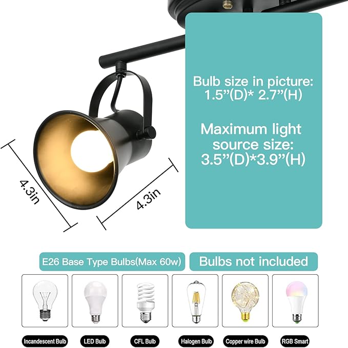 SEEBLEN 4-Light Track Lighting Kit, Directional Ceiling Light, Industrial Black Kitchen Track Lighting Fixtures Ceiling for Kitchen, Living Room, Dining Room, Hallway.