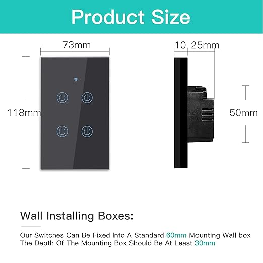 BSEED Smart Light Switches, 4 Gang Alexa WiFi Switch with Smart Life App Control and Timer Function, Black Touch Single Pole Switch Compatible with Alexa and Google Assistant