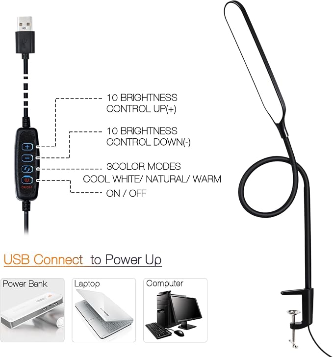 8W LED Desk Lamp with Long Gooseneck and USB Cable, 800LM | Metal Dimmable Clip on Lamp, 3 Colors and 10 Modes, Eye-Caring for Home Office Reading