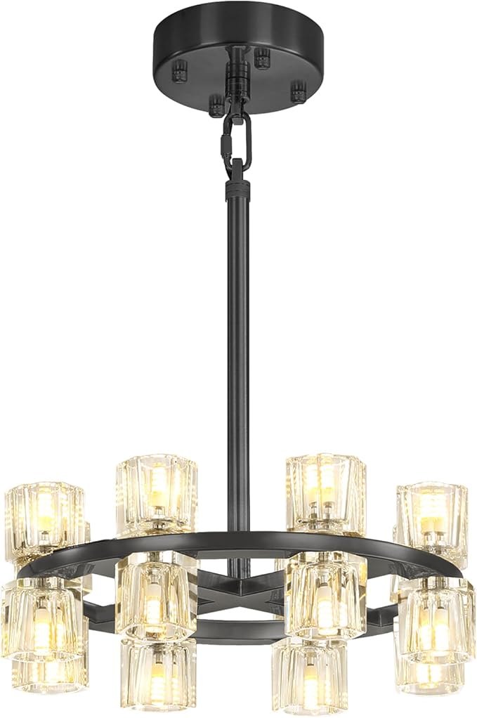 D16 Small Wagon Wheel Chandeliers 16-Lights Black Round Chandelier Pendant Light for Kitchen Island Crystal Chandeliers for Dining Room,Living Room