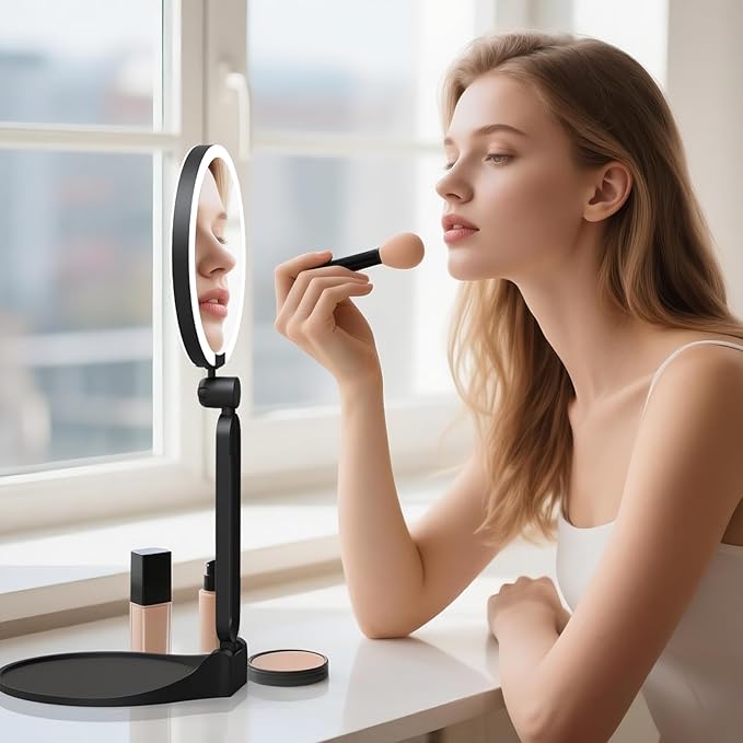 Magnifying Mirror with Light 10X/1X, Double Sided Travel Makeup Mirror with Lights and Magnification, Rechargeable 3 Colors Dimming Lighting, Large Size of 6inch, Foldable Design, 360°Angle Adjustable