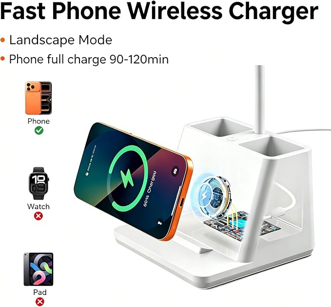 Desk Lamp with Fast Wireless Charger, College Dorm Room Table Light | 18 in, Adjustable LED, White, Small, Cute, for Home Office