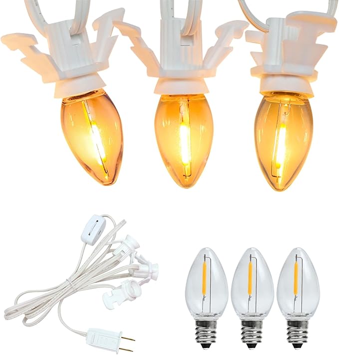 Accessory Cord with 3 LED Night Light Bulbs - White Cord with On/Off Switch- C7 led Bulb Warm White 2700K with Spare Fuse for Holiday Decoration and Craft Village House Decoration