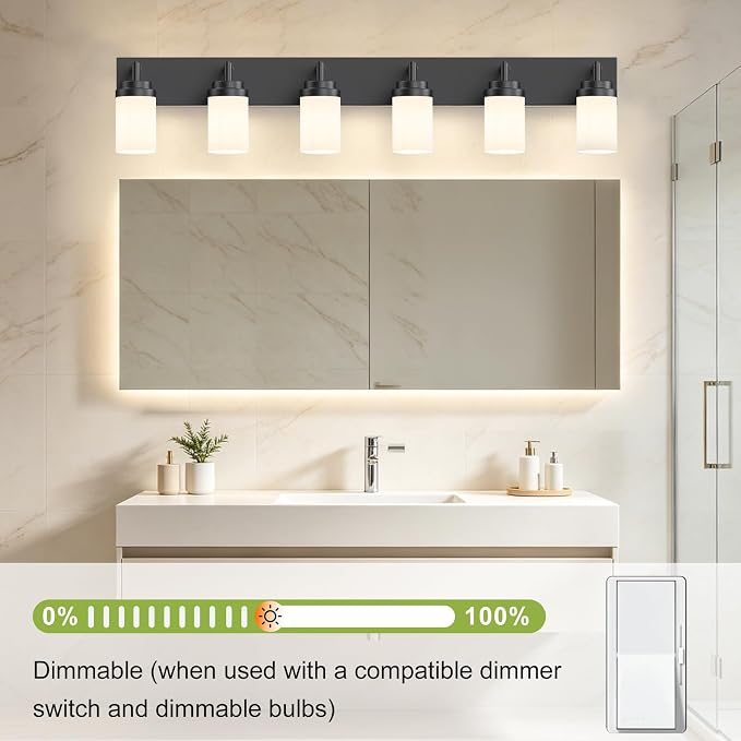 Bathroom Light Fixtures, Matte Black Bathroom Lighting Fixtures Over Mirror, Modern Vanity Light with White Glass Shade, Restroom Lighting Fixtures, 6-Light 46-inch
