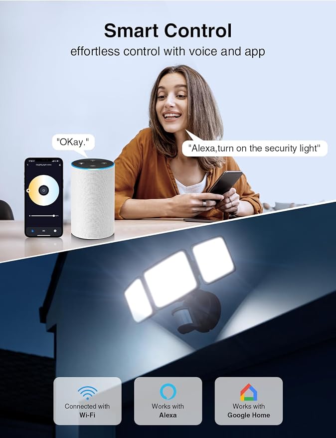 Onforu 100W Smart Outdoor Security Lights with Motion Sensor, WiFi APP Control, Compatible with Alexa & Google Assistant, 9000LM Dimmable LED Flood Light, 2700K-6500K, 3 Adjustable Heads, Black