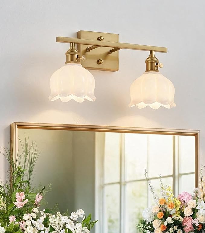 3-Light Vintage Bathroom Vanity Light, 19.4" Brass Hardwired Wall Sconce with Amber Tulip Glass Shades, Brushed Gold Vanity Light for Mirror, Restroom, Bedroom (White, 2-Light)