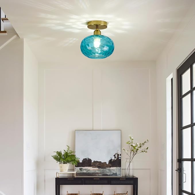 7.9″ Vintage Small Blue Semi Flush Mount Hallway Ceiling Light ,2 Pack | Art Deco Hammered Glass,Whimsical,MCM,Gold Mid Century Light Fixtures for Closet Cottage Entryway Laundry Room Foyer