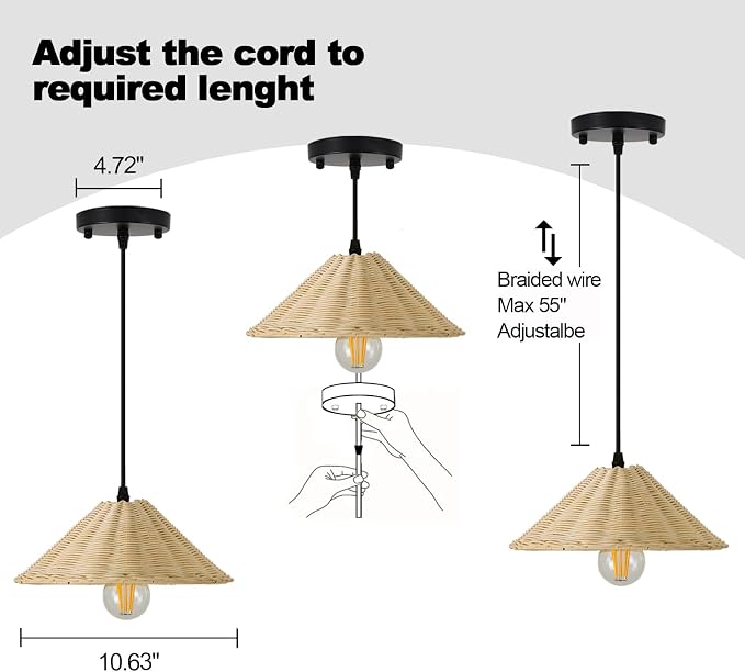 Hard Wired Rattan Pendant Lights Set of 2,Farmhouse Coastal Woven Wicker Ceiling Light with 10.65” Cone Shade, Boho Wired Mounted Hanging Chandelier for Bedroom Dining Room Kitchen Island