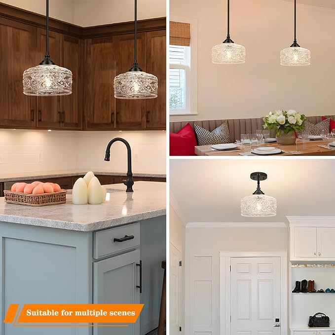 Daunton Black Vintage Pendant Lights Kitchen Island with Glass Over Sink | Adjustable Height Kitchen Light Pendant,Bathroom Pendant Light,Dual Mount Ceiling & Hanging Fixtures, 90° Swivel for Home
