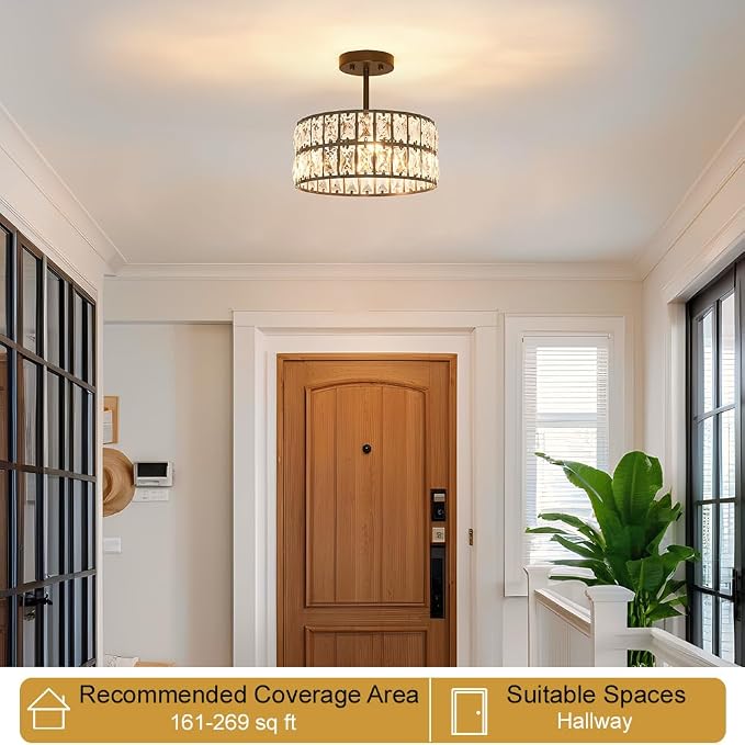Matte Black Crystal Ceiling Light, Modern Semi Flush Mount Ceiling Lighting, Hallway Lighting Fixtures, Small Chandelier Light Fixture for Kitchen Entryway Bedroom Dining Room, 3-Light, 12 Inch