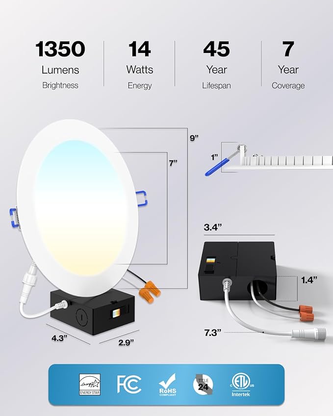 Sunco 6 Pack 8 Inch Ultra Thin LED Recessed Canless Smooth Trim Wafer Thin Indoor Ceiling Lights Slim Selectable 2700K/3000K/4000K/5000K/6000K Dimmable 18W 1350 Lumens with Junction Box