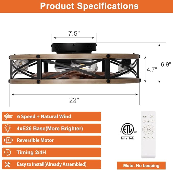 SHLUCE 22" Low Profile Caged Ceiling Fan with Light, Farmhouse Flush Mount Bladeless Ceiling Fans with Lights and Remote, Rustic Fandelier Ceiling Fan with Light for Kitchen, Bedroom - ETL