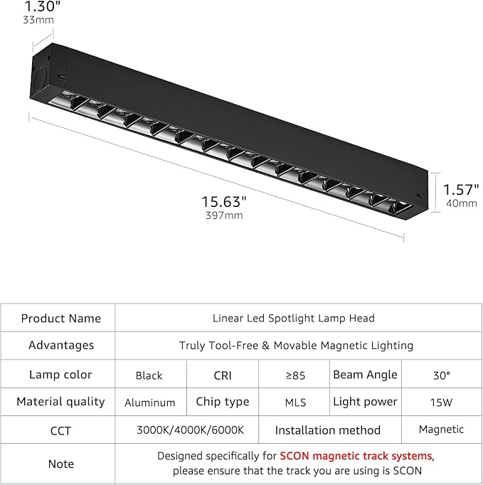 SCON 15W Adjustable CCT Linear LED Spotlight Lamp Head, 24V Magnetic Track Head, 3 CCT for Recessed/Ceiling Track Lighting Systems, Track Lighting Fixture for Kitchen Living Room Office, 2 Pack