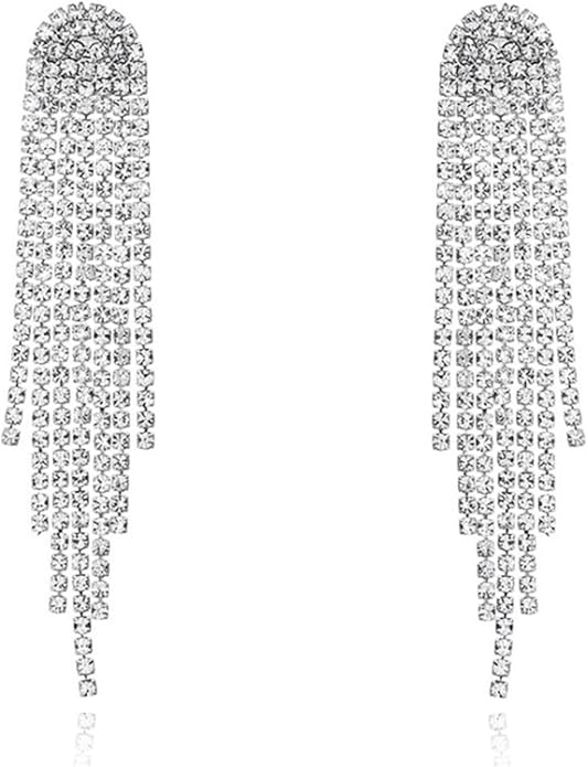 Luxval Rhinestone Earrings Dangling for Women Sparkly Silver Dangle Earrings Girls Long Chandelier Earrings Tassel Lightweight Ear Studs Cubic Zirconia Crystal Statement